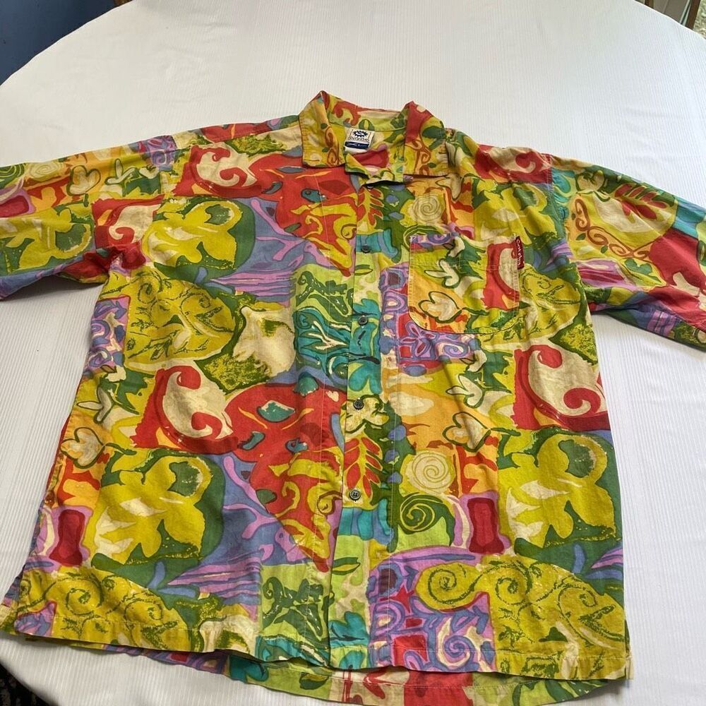 Gotcha VTG Hawaiian Floral Geometric Button Up Shirt Size XL